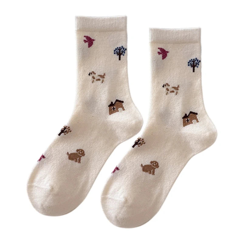 Ladies Socks | Countryside Dog & Cottage Pattern – Beige