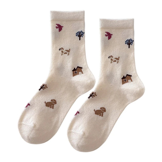 Ladies Socks | Countryside Dog & Cottage Pattern – Beige