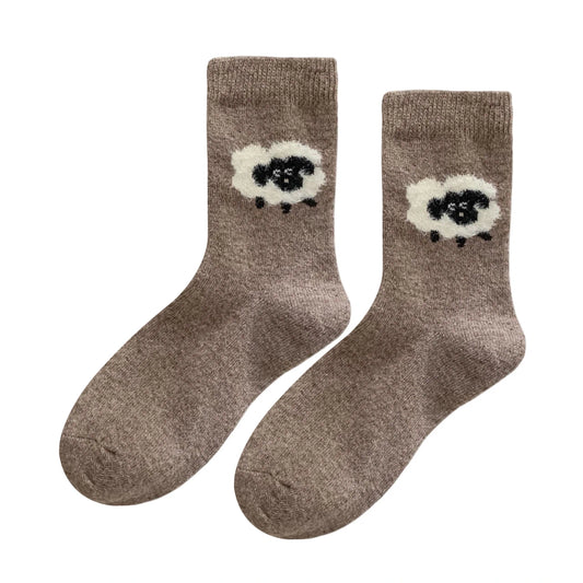 Ladies Socks | Fluffy Sheep Motif – Khaki