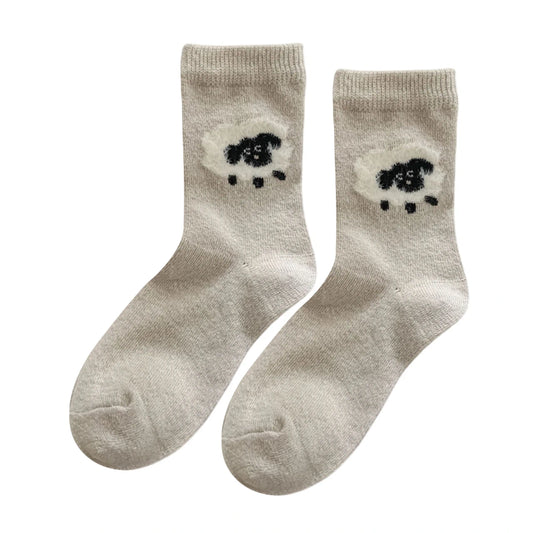 Ladies Socks | Fluffy Sheep Motif – Beige