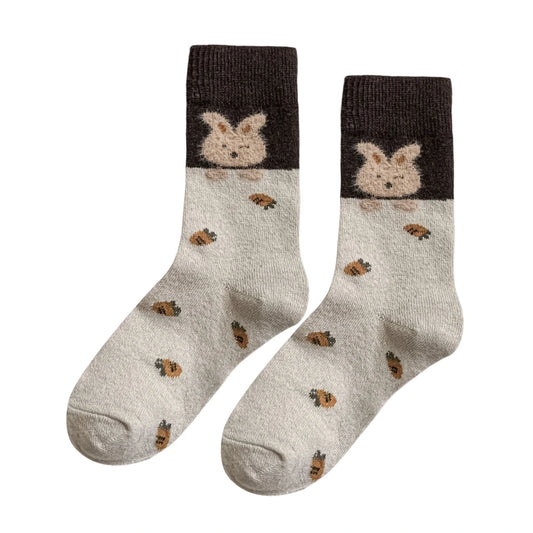 Ladies Socks | Fluffy Bunny & Acorn Pattern – Cream