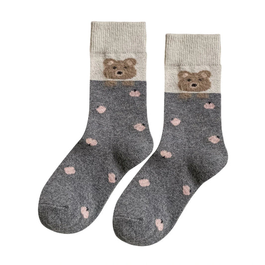 Ladies Socks | Fluffy Bear & Polka Dot Pattern – Grey