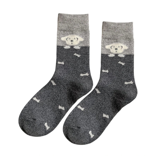 Ladies Socks | Fluffy Puppy & Bone Pattern – Dark Grey