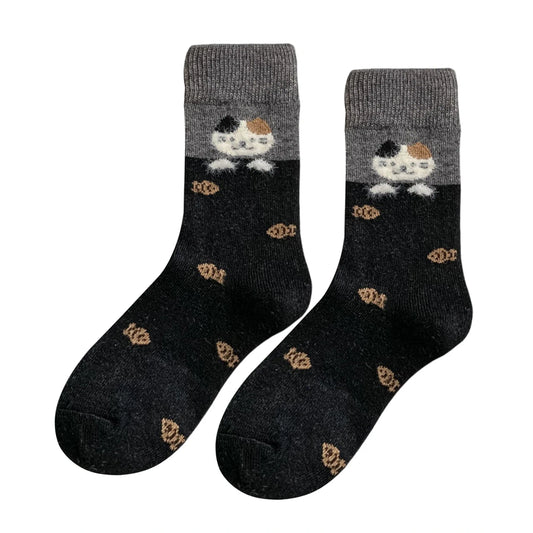 Ladies Socks | Fluffy Cat & Fish Bone Pattern – Black