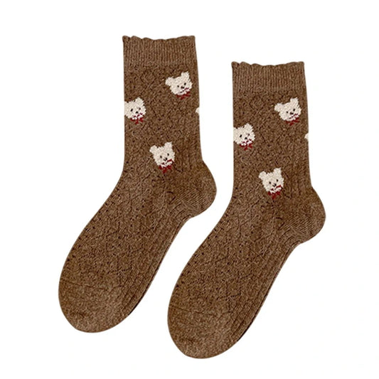 Ladies Socks | Bear Head Cable Knit Pattern – Brown