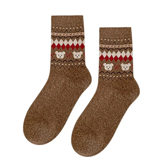 Ladies Socks | Fair Isle Bear Pattern – Brown
