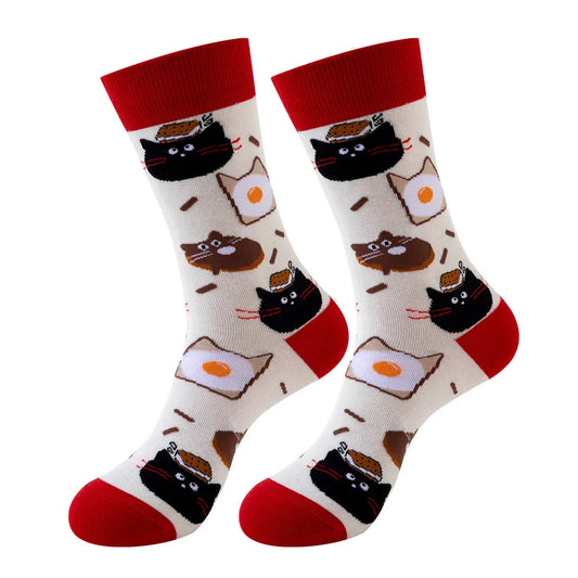 Unisex Socks | Cat & Fried Egg Pattern Design – Cream