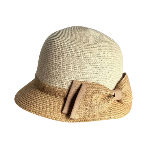 Short Brim Straw Hat | Two Tone Bow Accent – Cream