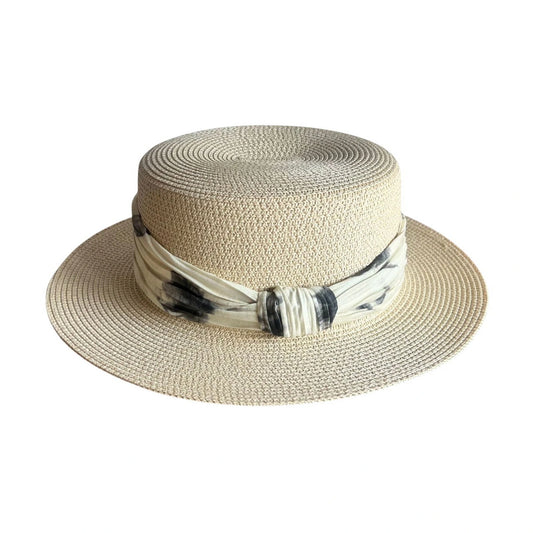 Short Brim Straw Hat | Printed Ribbon Band – Cream