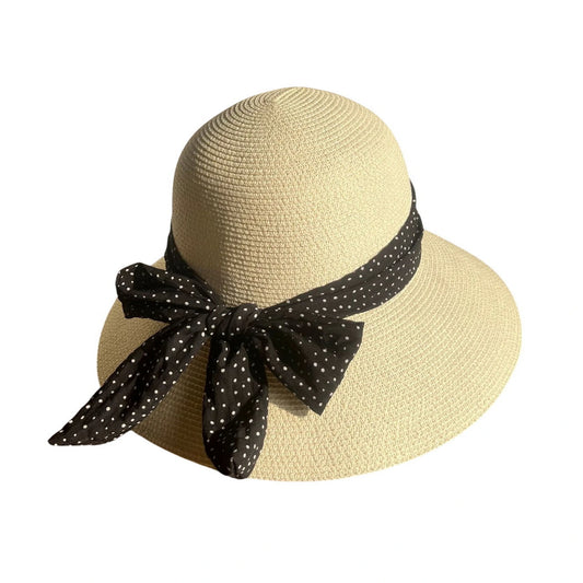 Short Brim Straw Hat | Polka Dot Ribbon Bow – Natural