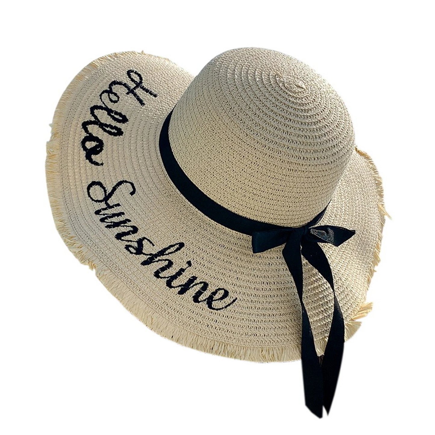 Wide Brim Straw Hat | "Hello Sunshine" Embroidery & Frayed Edge – Natural