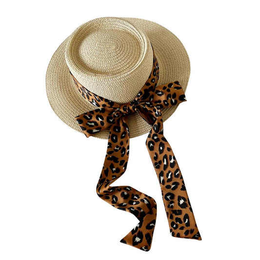 Short Brim Straw Hat | Leopard Ribbon Bow – Cream