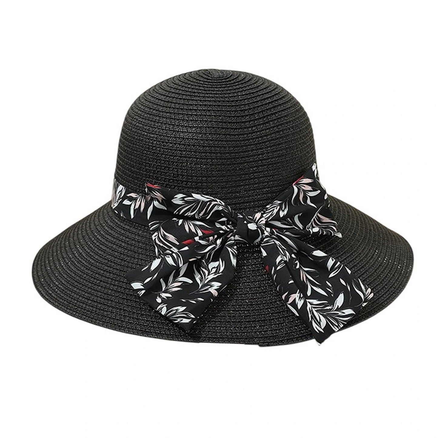 Wide Brim Straw Hat | Floral Bow Ribbon – Black