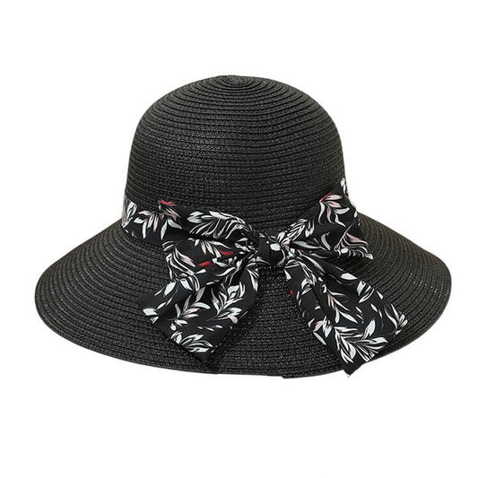 Wide Brim Straw Hat | Floral Bow Ribbon – Black