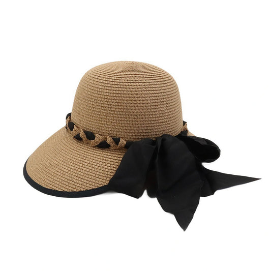 Wide Brim Straw Hat | Braided Trim & Black Satin Bow Detail – Natural