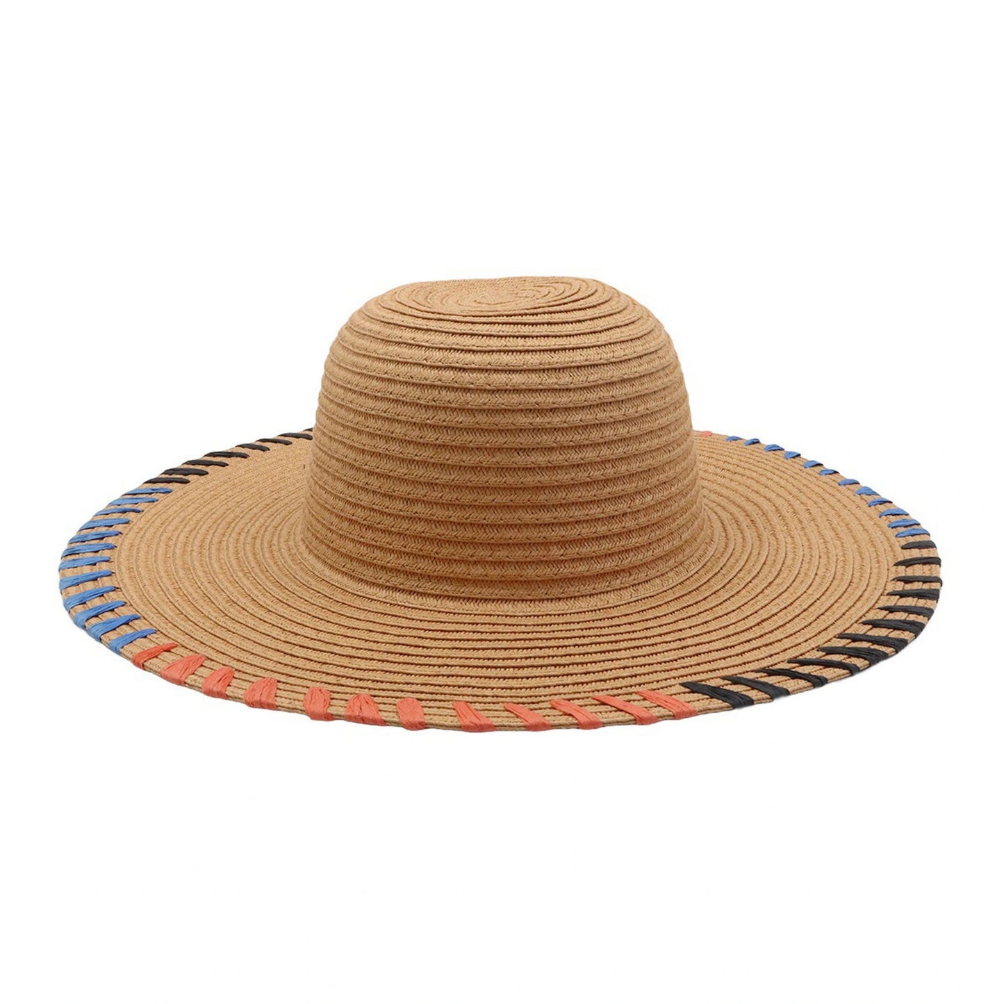 Wide Brim Straw Hat | Multicolor Contrast Stitch Detail – Natural