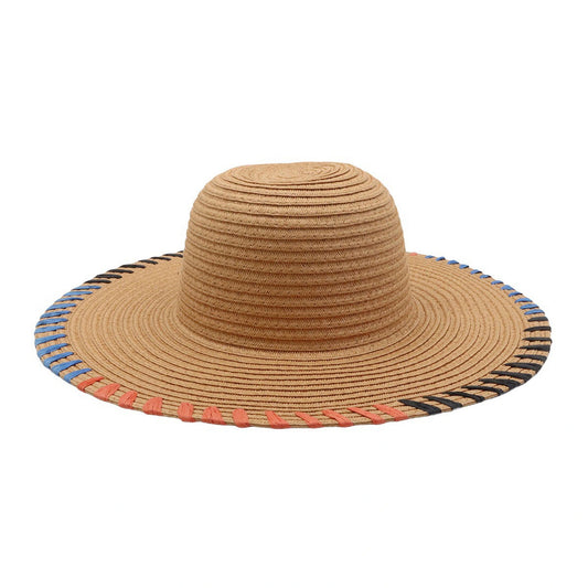 Wide Brim Straw Hat | Multicolor Contrast Stitch Detail – Natural