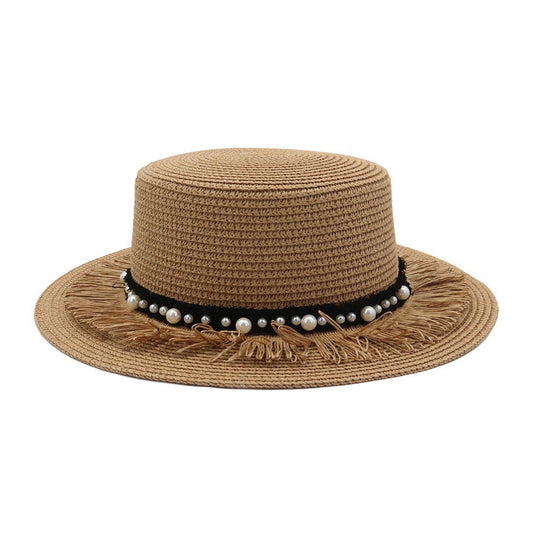 Short Brim Straw Hat | Pearl Trim Band – Natural