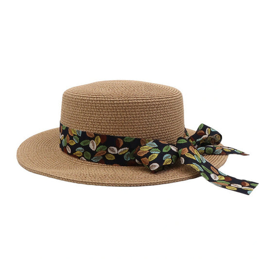 Short Brim Straw Hat | Leaf Print Ribbon Bow – Natural