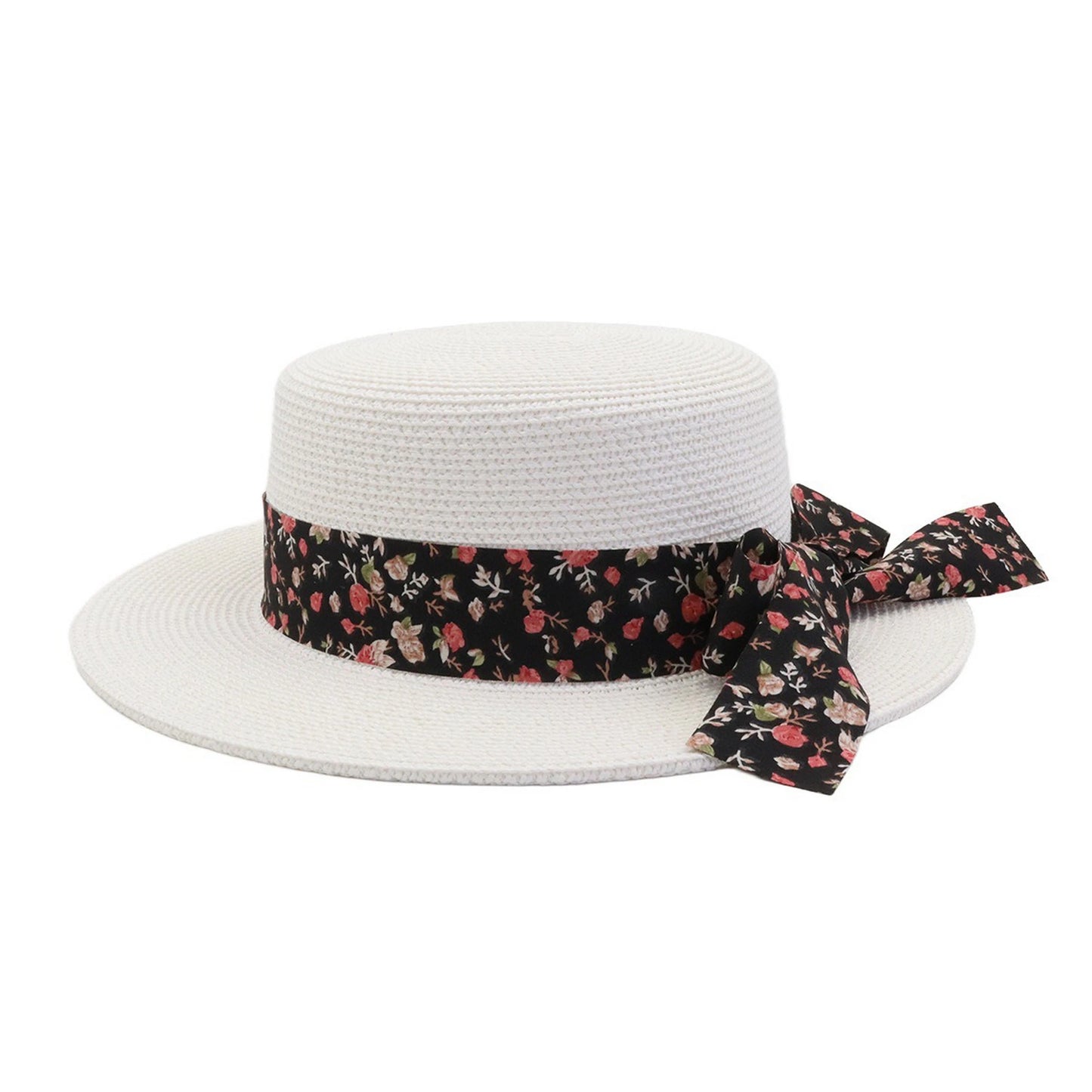 Short Brim Straw Hat | Floral Ribbon Bow – White