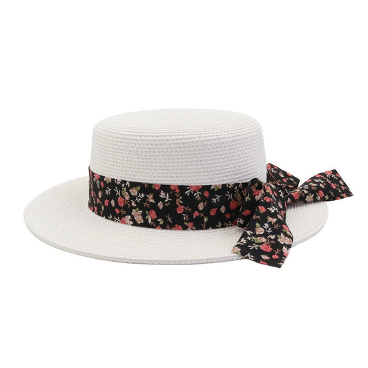 Short Brim Straw Hat | Floral Ribbon Bow – White
