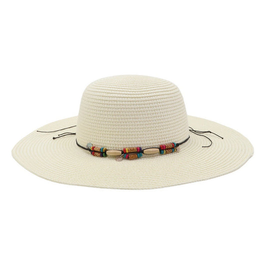 Wide Brim Straw Hat | Multicolor Beaded Rope Detail – White