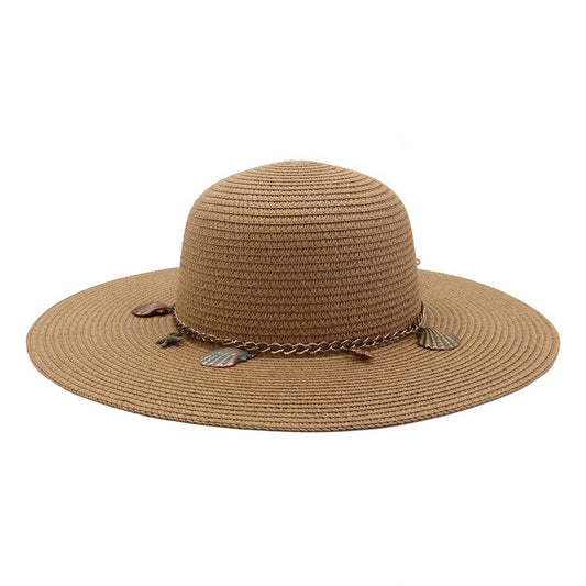 Wide Brim Straw Hat | Metal Seashell Charms Detail – Natural