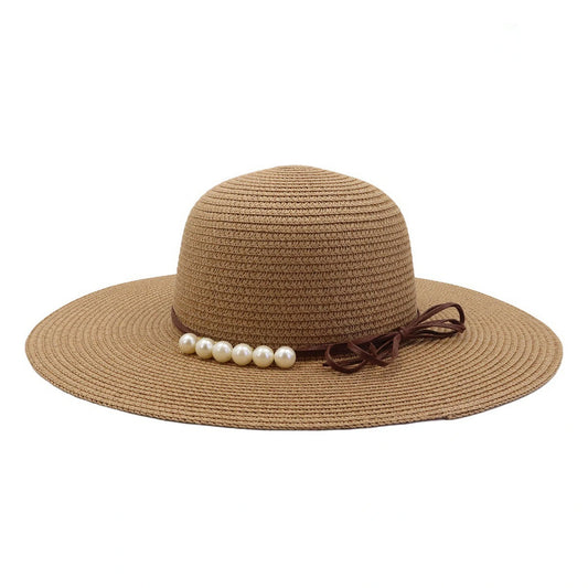 Wide Brim Straw Hat | Faux Pearl Strand Detail – Natural