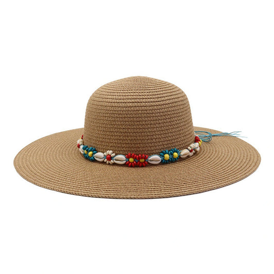 Wide Brim Straw Hat | Shell & Floral Beaded Band Detail – Natural