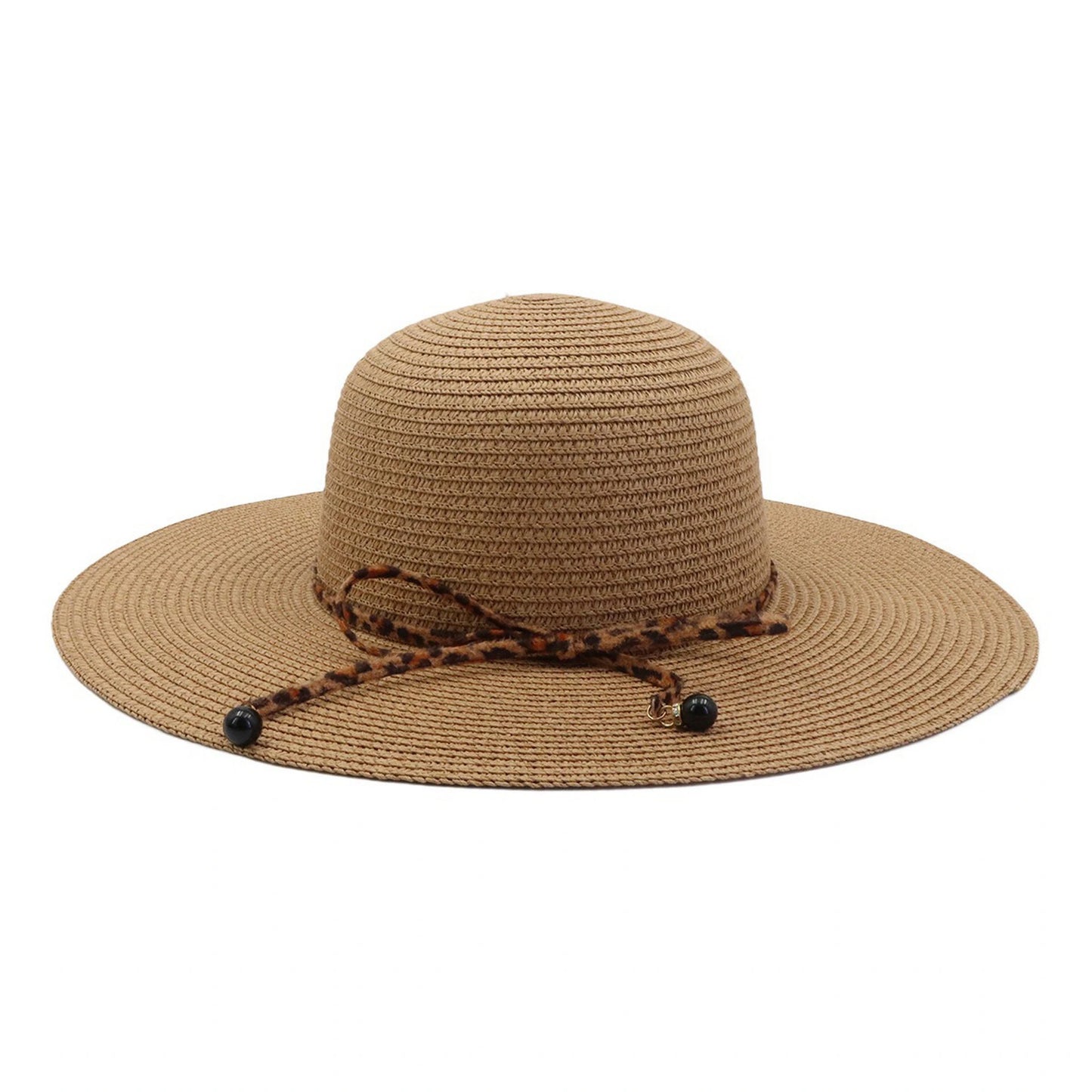 Wide Brim Straw Hat | Leopard Print Drawstring & Bead Detail – Natural