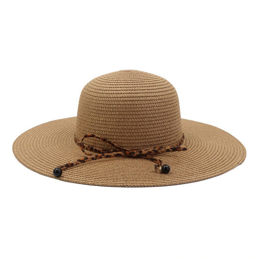 Wide Brim Straw Hat | Leopard Print Drawstring & Bead Detail – Natural