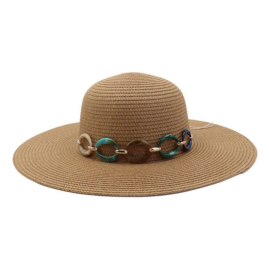 Wide Brim Straw Hat | Multicolor Resin Ring Band Detail – Natural