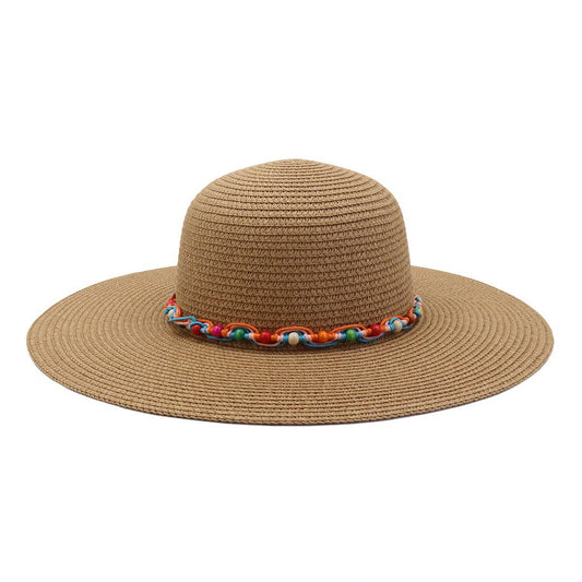 Wide Brim Straw Hat | Multicolor Braided Beaded Band Detail – Natural