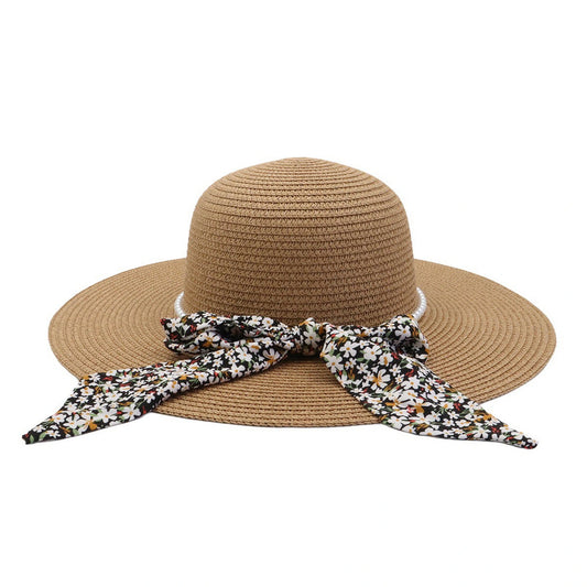 Wide Brim Straw Hat | Floral Scarf Bow Detail – Natural