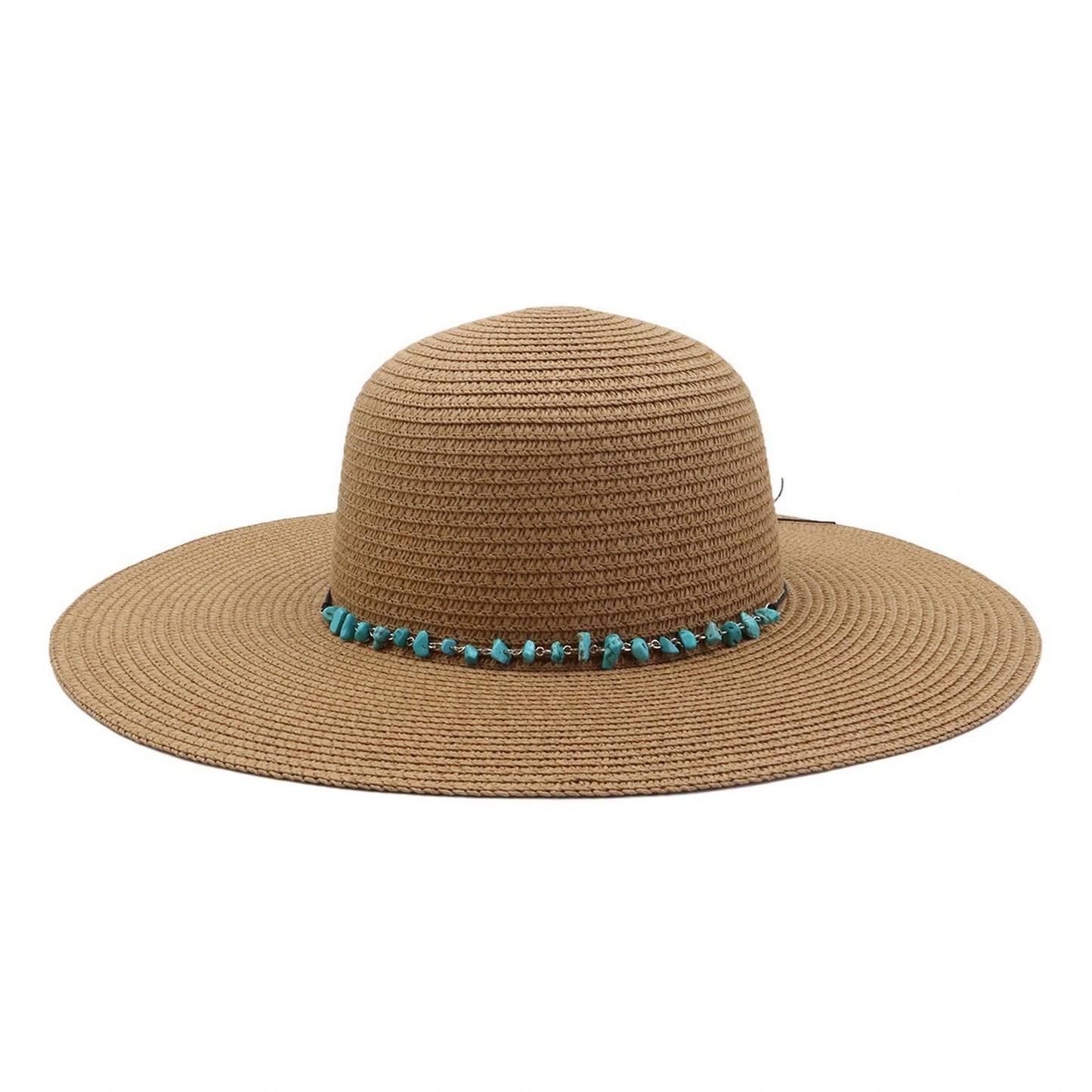 Wide Brim Straw Hat | Turquoise Chip Bead Band Detail – Natural