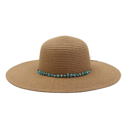 Wide Brim Straw Hat | Turquoise Chip Bead Band Detail – Natural