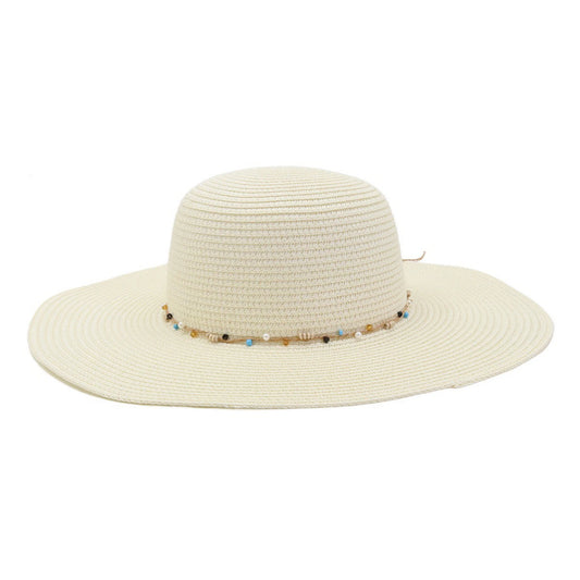 Wide Brim Straw Hat | Bohemian Multicolor Beaded Rope Detail – White