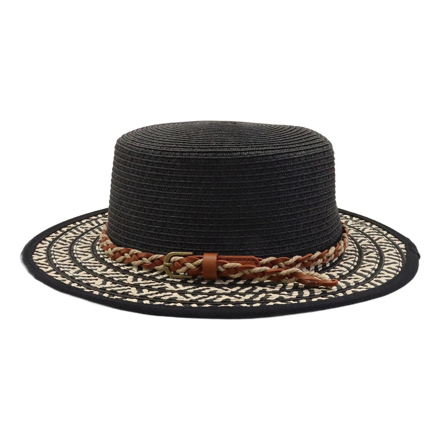 Short Brim Straw Hat | Braided Belt Band – Black