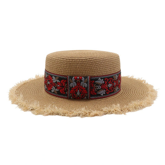 Short Brim Straw Hat | Embroidered Ribbon Band – Natural