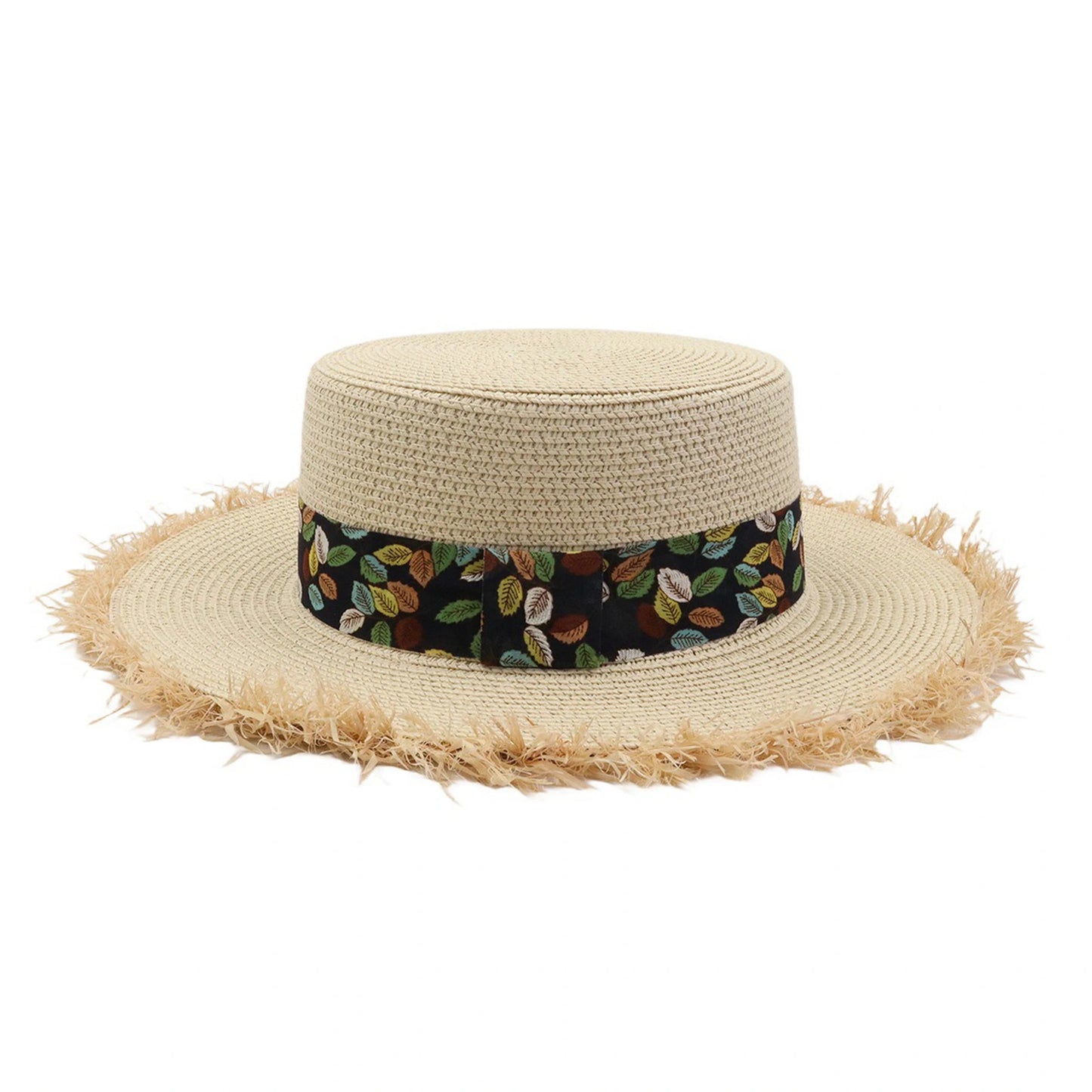 Short Brim Straw Hat | Leaf Pattern Ribbon Band - Natural
