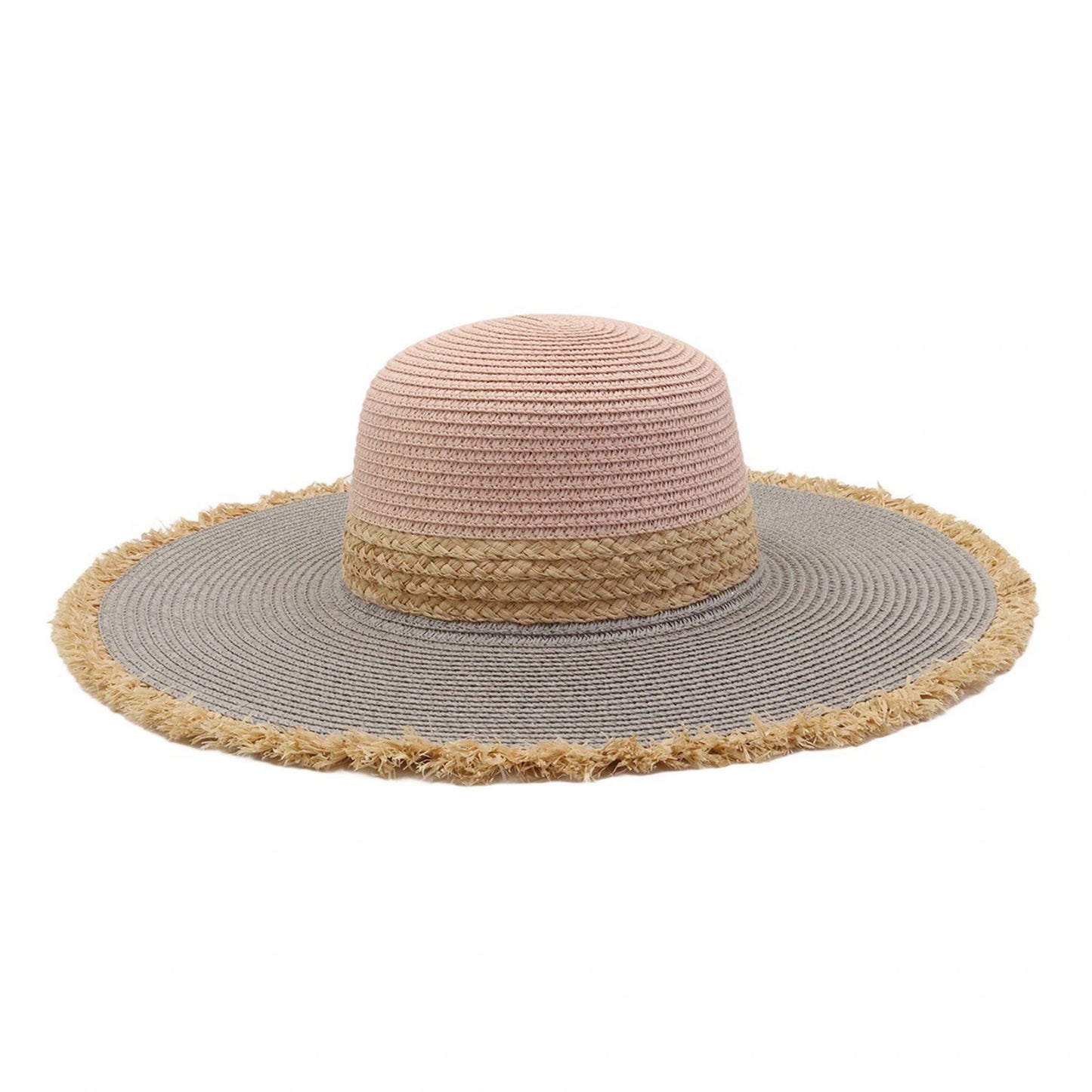 Wide Brim Straw Hat | Color-Blocked Braided & Frayed Edge Detail – Pink & Grey