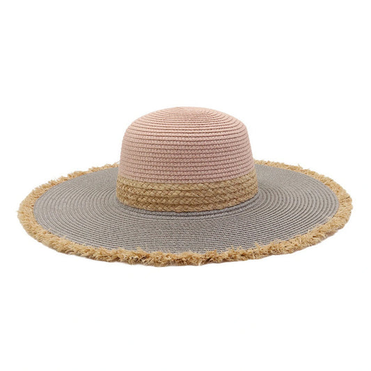 Wide Brim Straw Hat | Color-Blocked Braided & Frayed Edge Detail – Pink & Grey