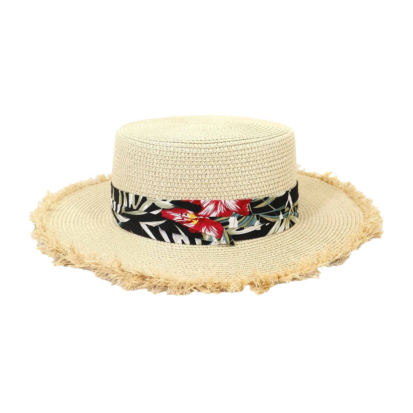 Short Brim Straw Hat | Tropical Floral Ribbon Band - Natural