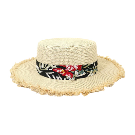 Short Brim Straw Hat | Tropical Floral Ribbon Band - Natural