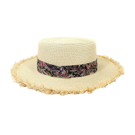 Short Brim Straw Hat | Frayed Edge Paisley Band – Natural