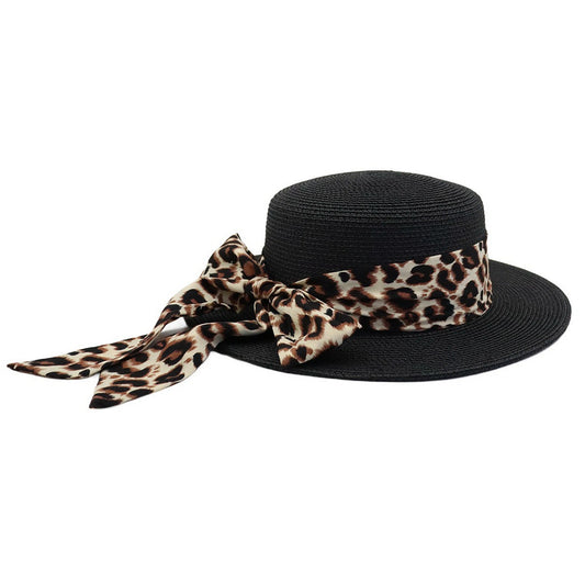 Short Brim Straw Hat | Leopard Ribbon Tie - Black
