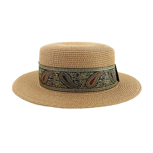 Short Brim Straw Hat | Vintage Pattern Ribbon Band - Natural