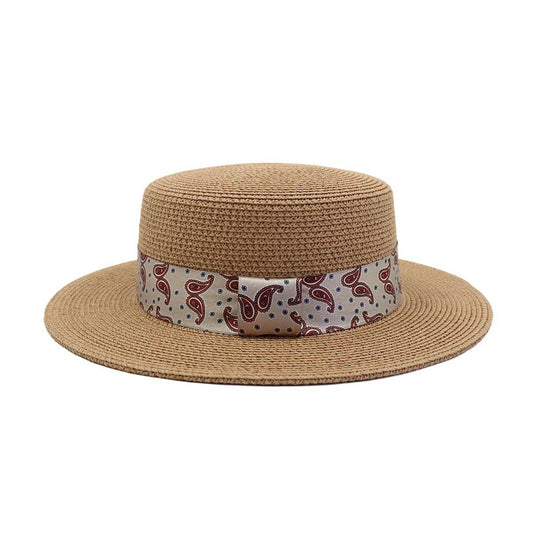 Short Brim Straw Hat | Flat Crown Paisley Band – Tan
