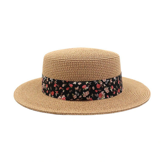 Short Brim Straw Hat | Floral Ribbon Band - Natural