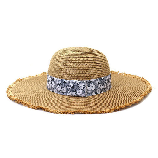 Wide Brim Straw Hat | Grey Floral Band – Natural